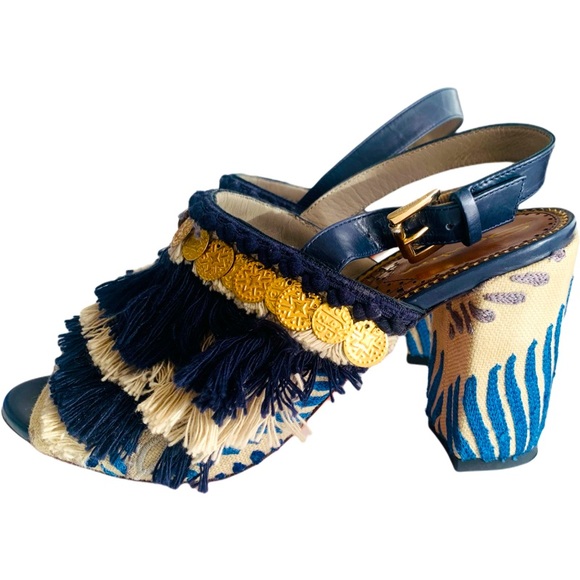 Santoni Shoes - SANTONI 38.5 gorgeous blue/cream embroidered fabric fringe beaded sandals